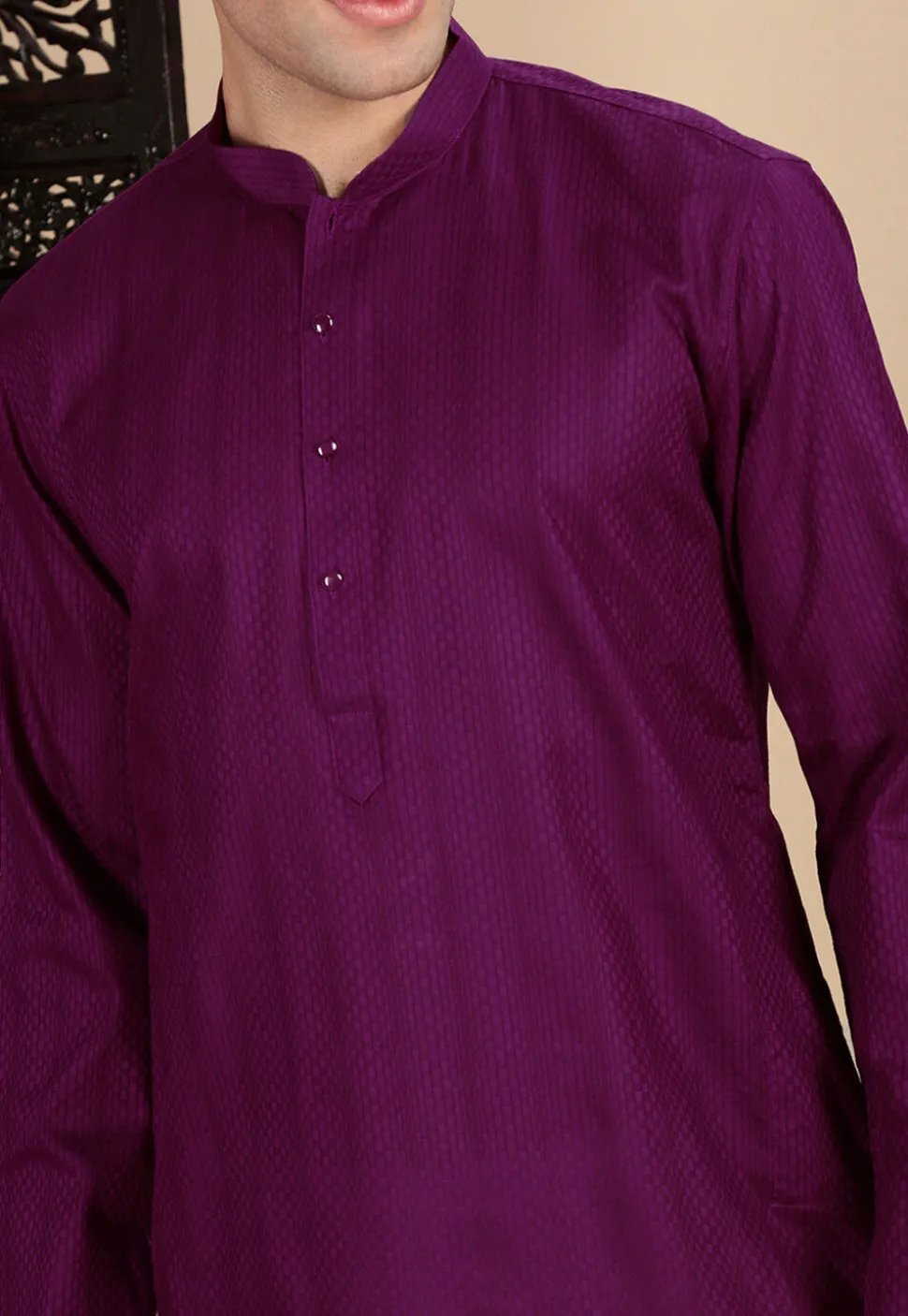 Woven Cotton Jacquard Kurta in Purple