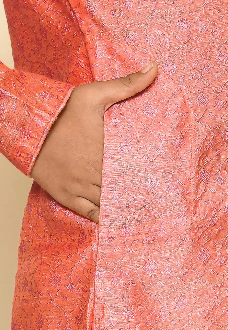 Woven Cotton Jacquard Kurta Set in Peach