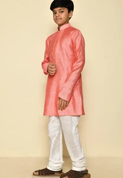 Woven Cotton Jacquard Kurta Set in Peach