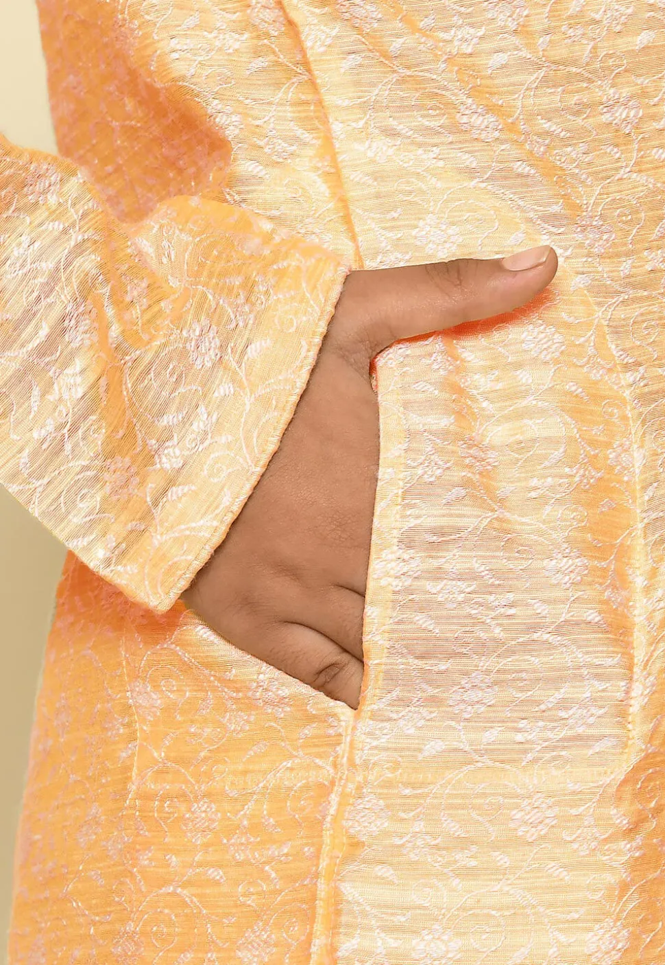 Woven Cotton Jacquard Kurta Set in Light Yellow