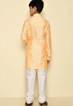 Woven Cotton Jacquard Kurta Set in Light Yellow