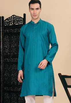 Woven Cotton Jacquard Kurta in Teal Blue