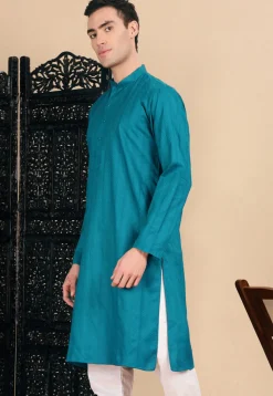 Woven Cotton Jacquard Kurta in Teal Blue