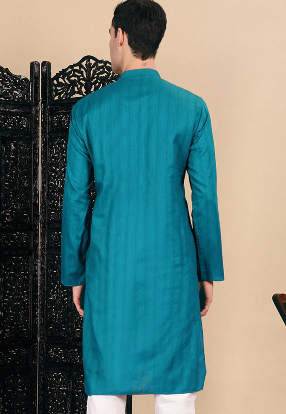 Woven Cotton Jacquard Kurta in Teal Blue