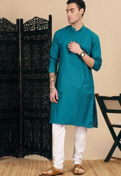 Woven Cotton Jacquard Kurta in Teal Blue