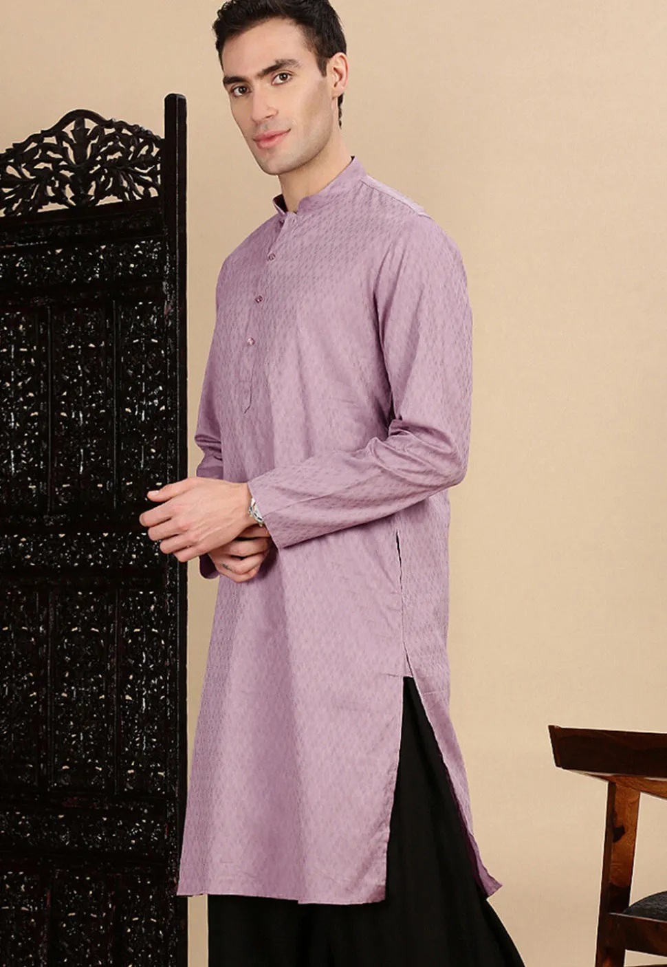 Woven Cotton Jacquard Kurta in Light Purple