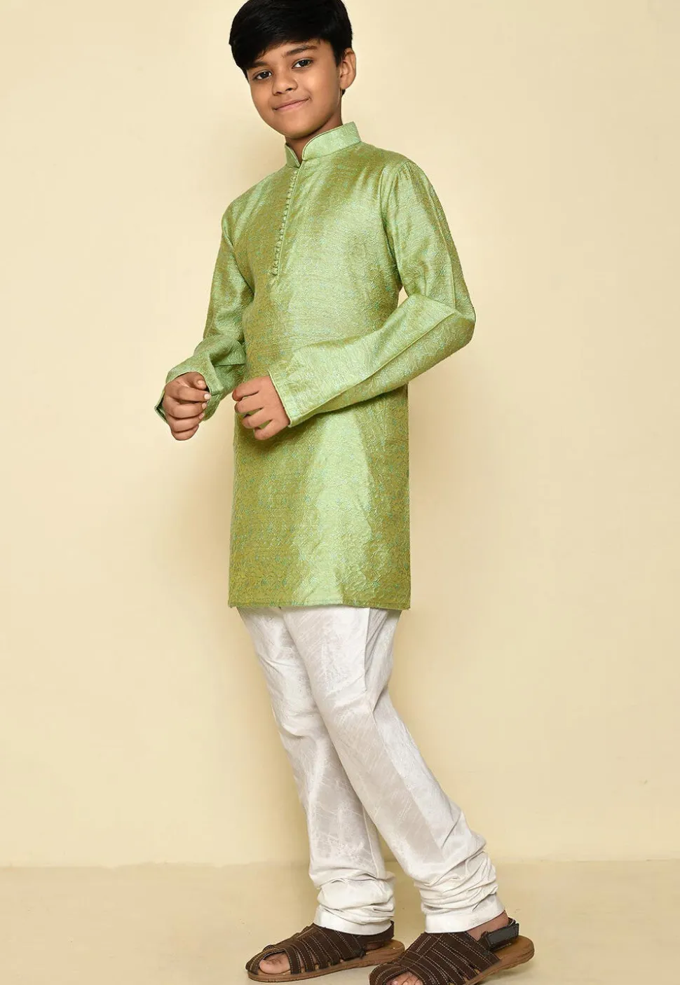 Woven Cotton Jacquard Kurta in Light Green
