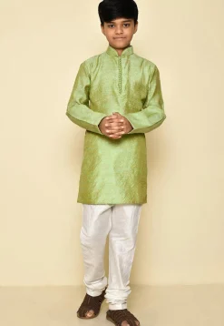 Woven Cotton Jacquard Kurta Set in Light Green
