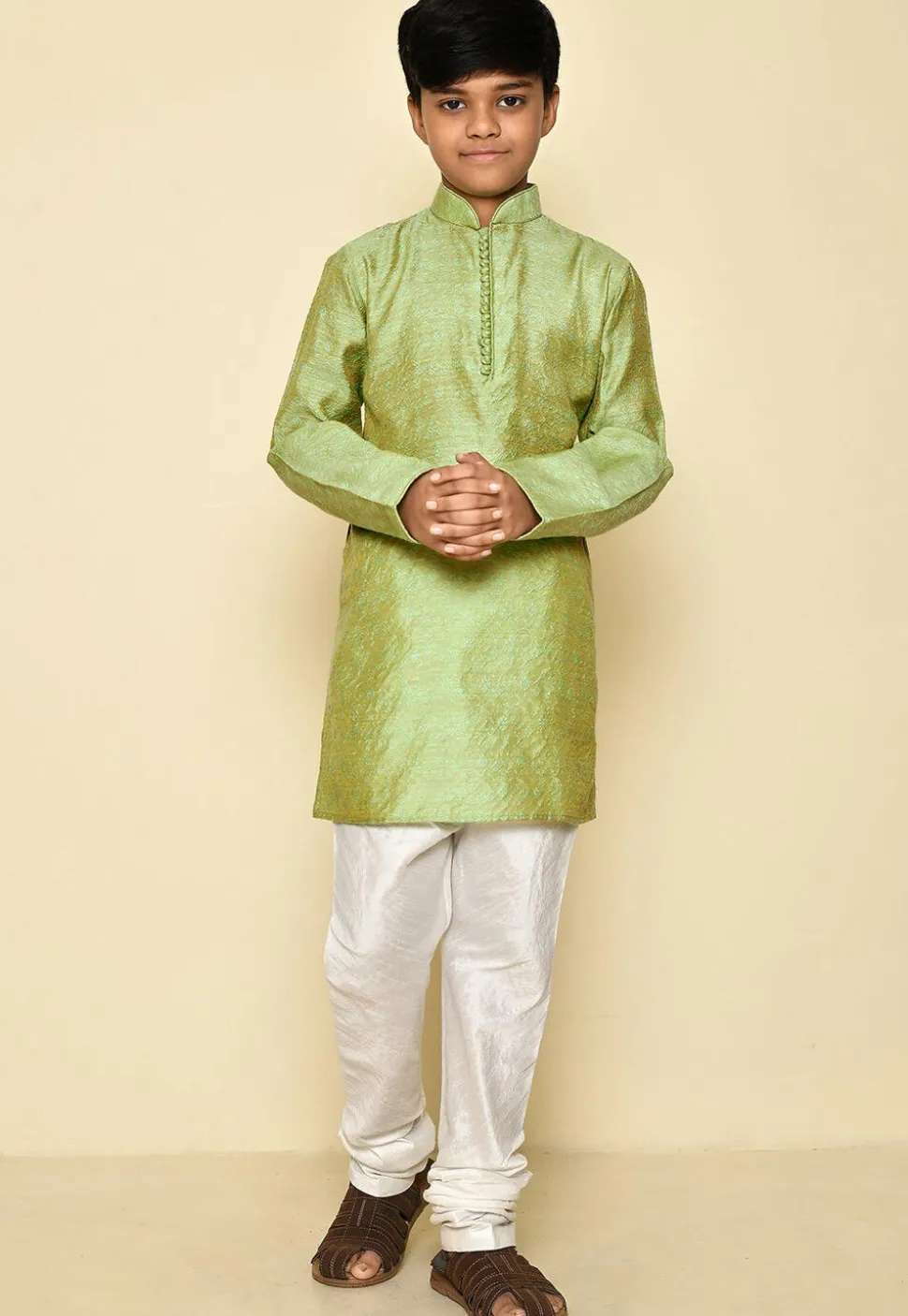 Woven Cotton Jacquard Kurta Set in Light Green