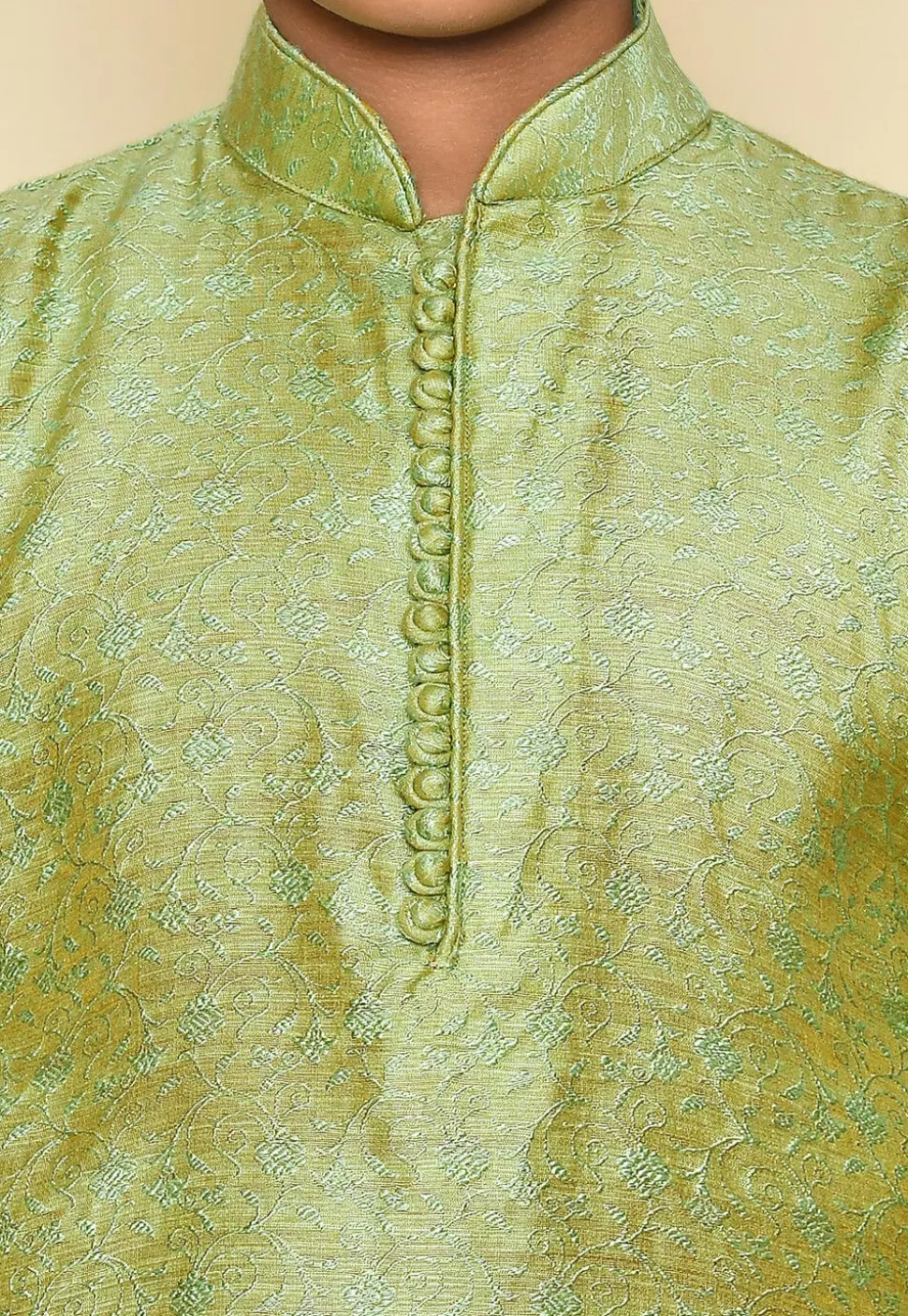 Woven Cotton Jacquard Kurta Set in Light Green