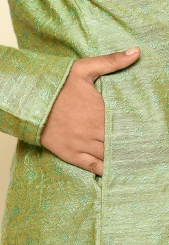 Woven Cotton Jacquard Kurta Set in Light Green
