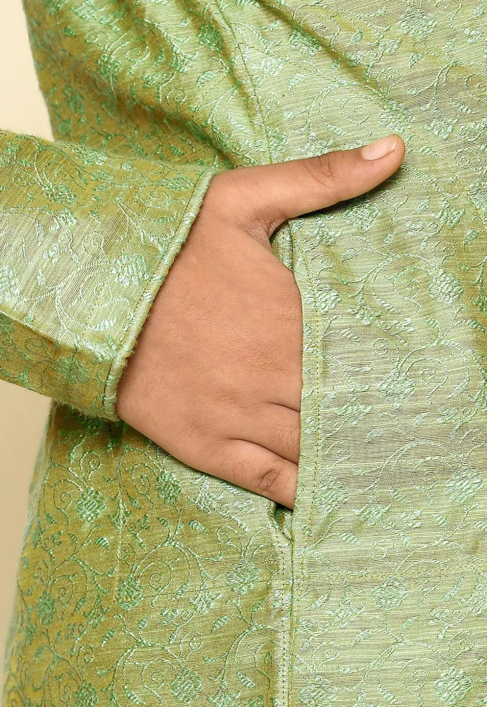 Woven Cotton Jacquard Kurta Set in Light Green