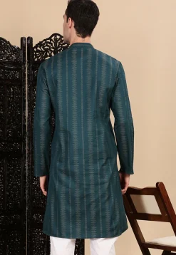 Woven Cotton Jacquard Kurta in Teal Blue
