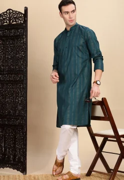 Woven Cotton Jacquard Kurta in Teal Blue