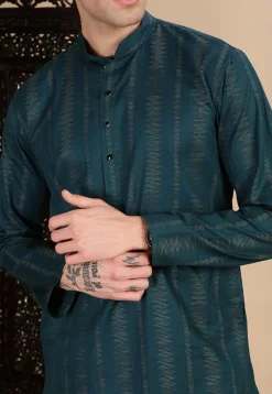 Woven Cotton Jacquard Kurta in Teal Blue