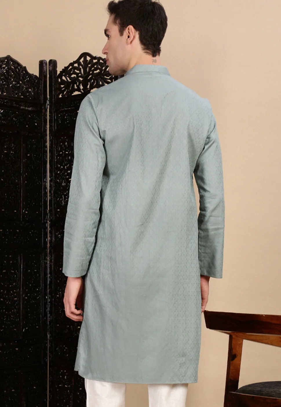 Woven Cotton Jacquard Kurta in Grey