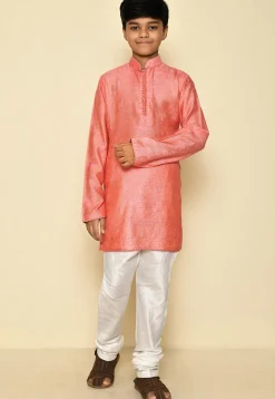 Woven Cotton Jacquard Kurta in Peach