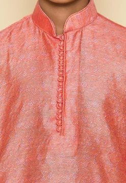 Woven Cotton Jacquard Kurta in Peach