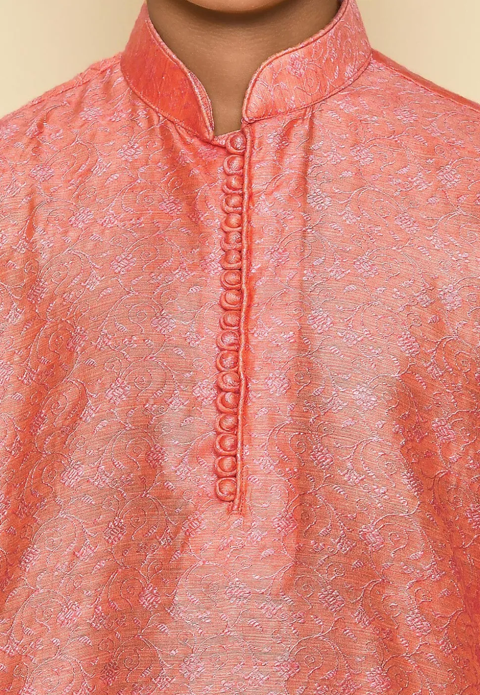 Woven Cotton Jacquard Kurta in Peach
