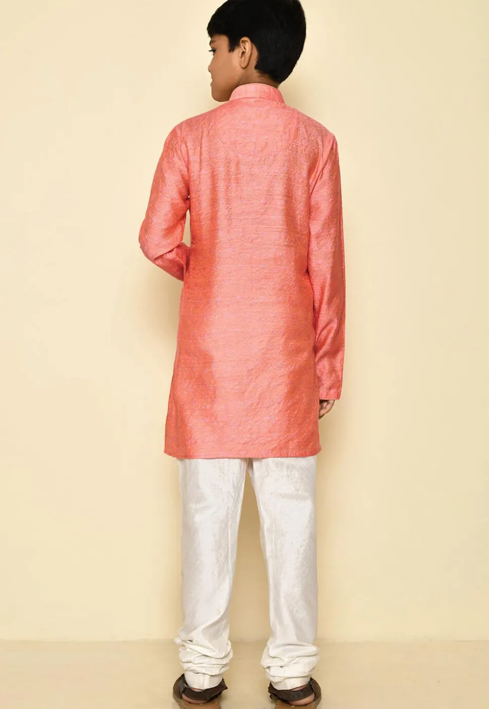Woven Cotton Jacquard Kurta in Peach