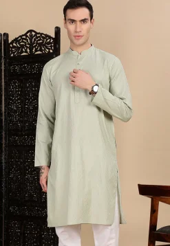 Woven Cotton Jacquard Kurta in Dusty Green