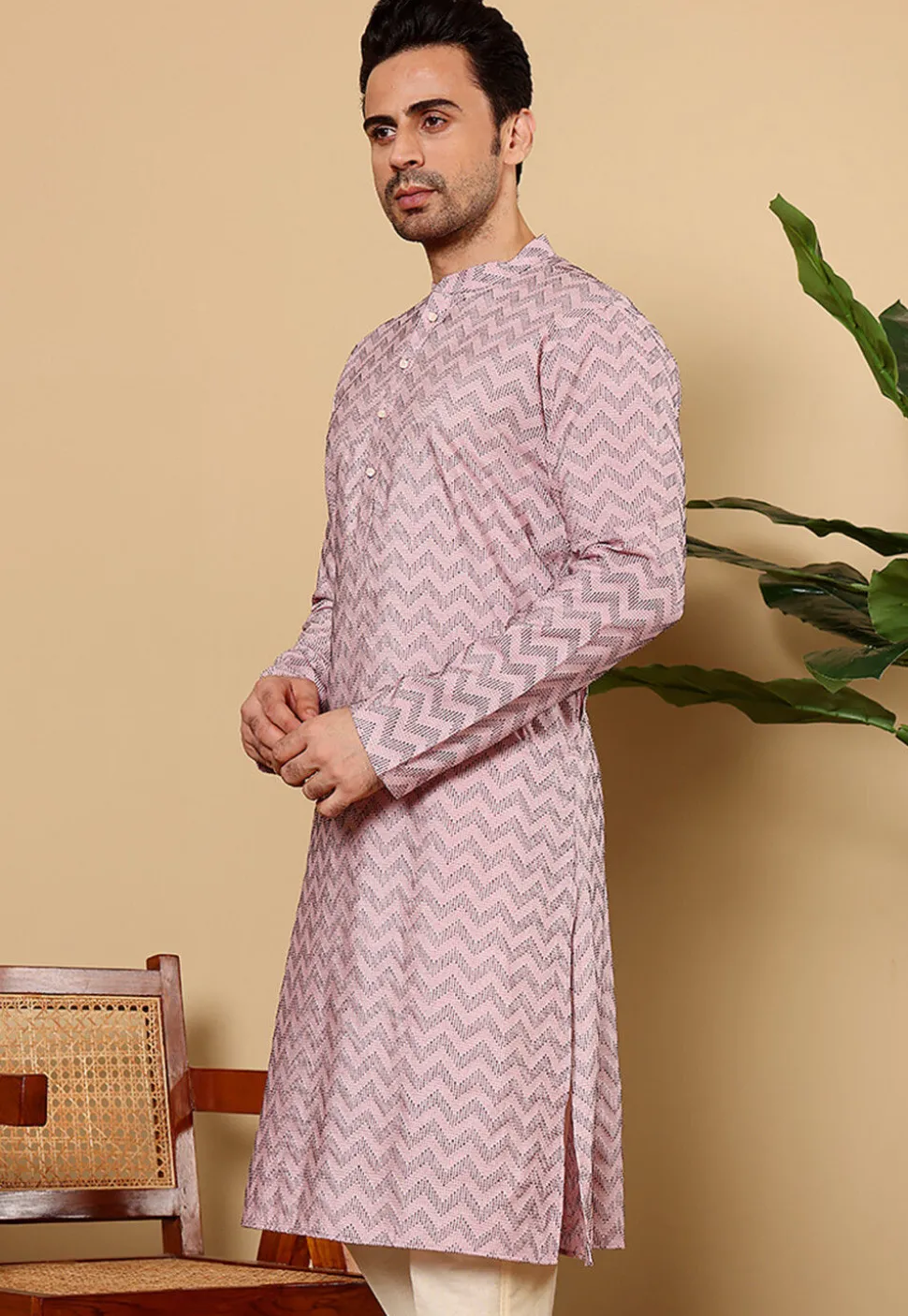 Woven Cotton Jacquard Kurta in Pink