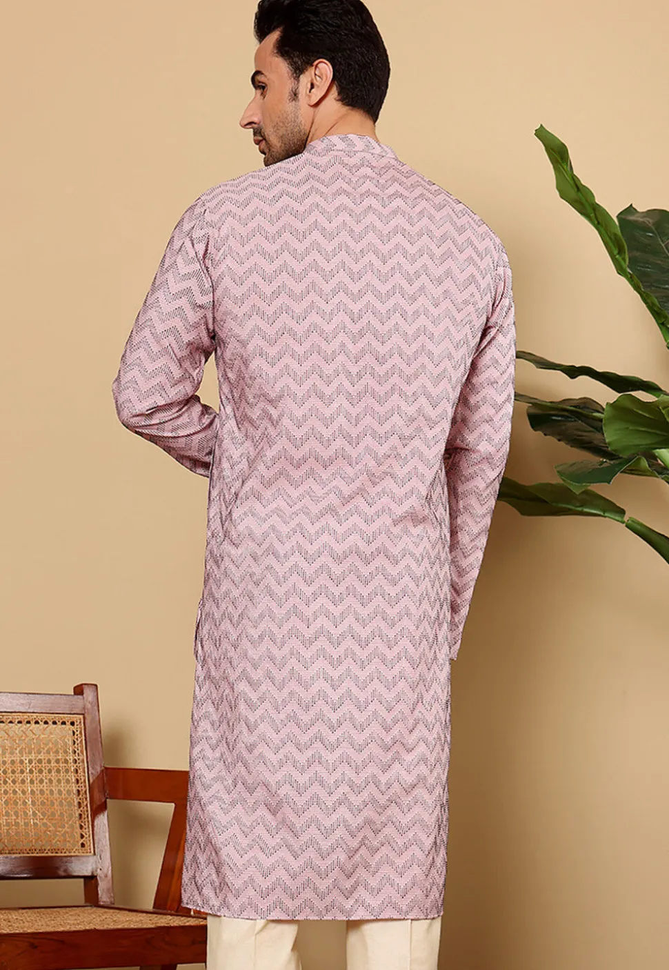 Woven Cotton Jacquard Kurta in Pink