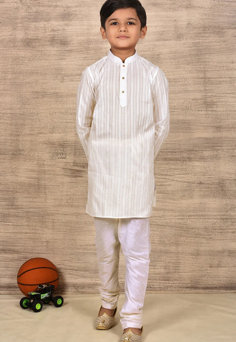 Woven Cotton Jacquard Kurta Set in White