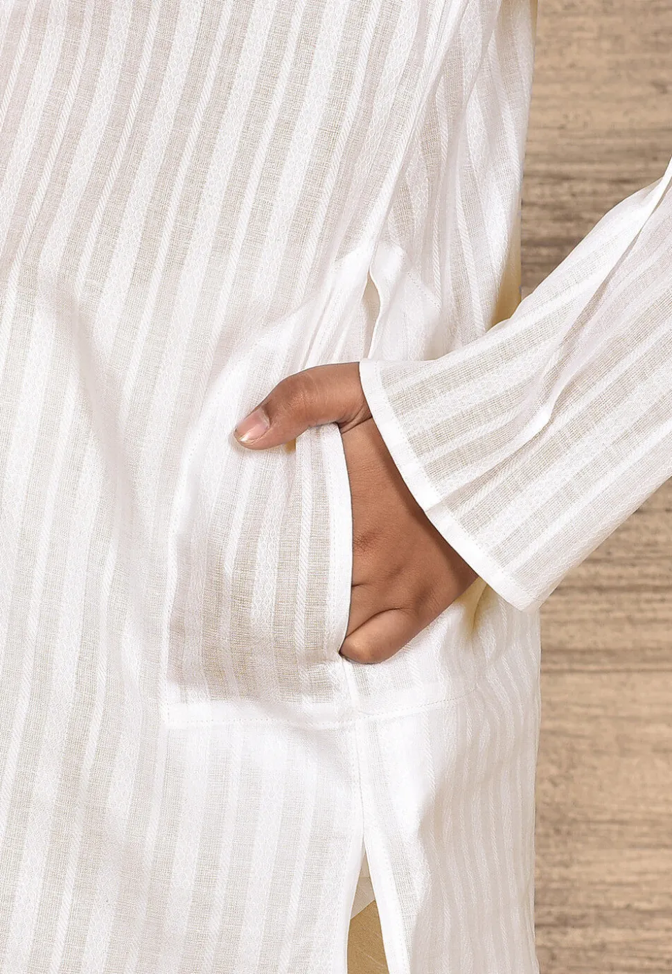 Woven Cotton Jacquard Kurta Set in White
