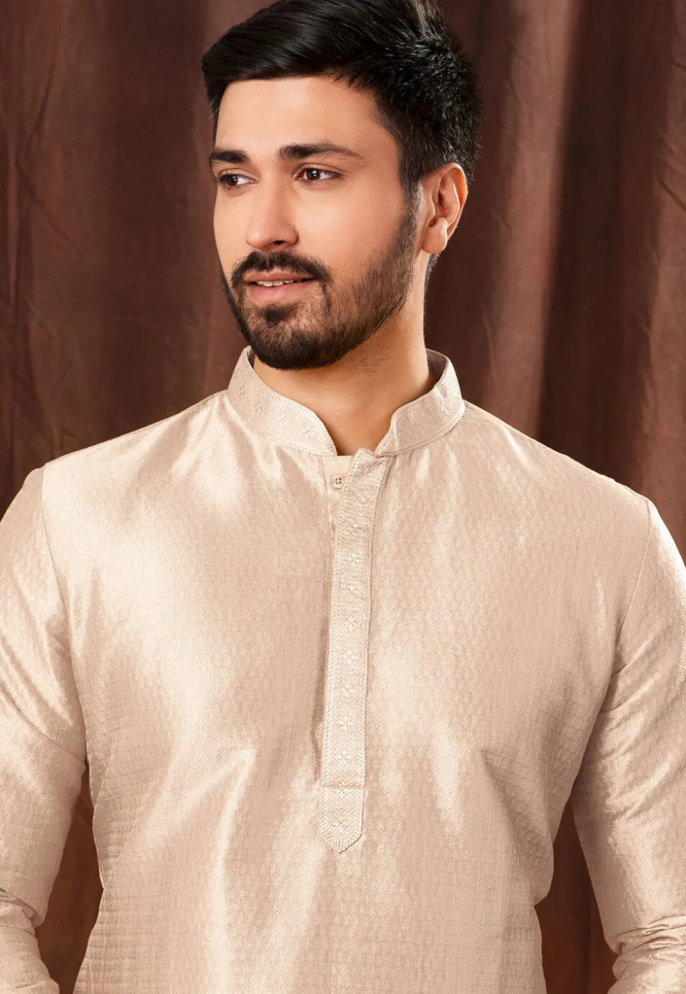 Woven Cotton Jacquard Kurta Set in Cream