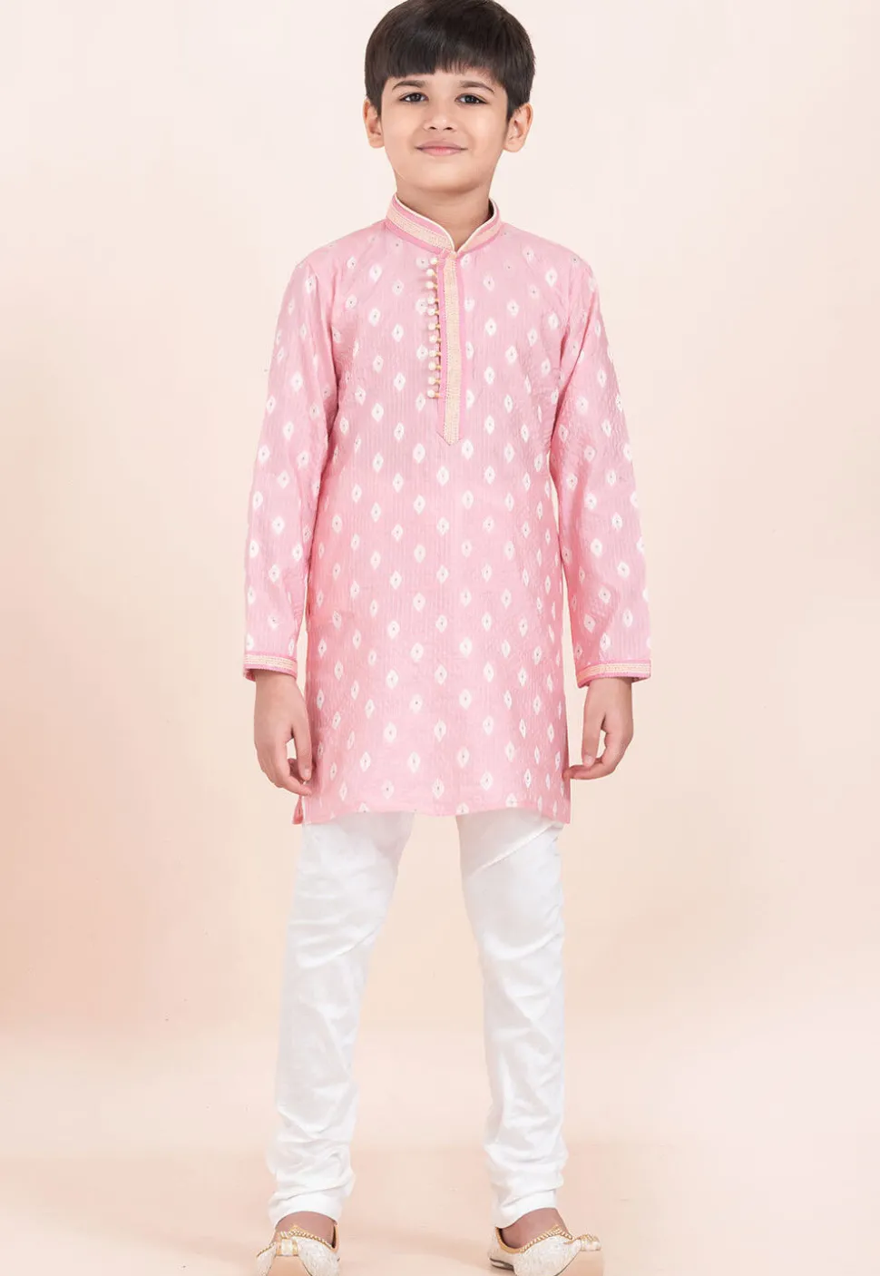 Woven Cotton Jacquard Kurta Set in Pink