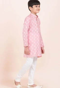 Woven Cotton Jacquard Kurta Set in Pink
