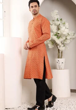 Woven Cotton Jacquard Kurta Set in Orange