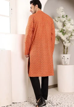 Woven Cotton Jacquard Kurta Set in Orange