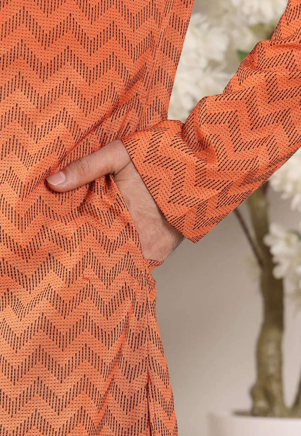 Woven Cotton Jacquard Kurta Set in Orange
