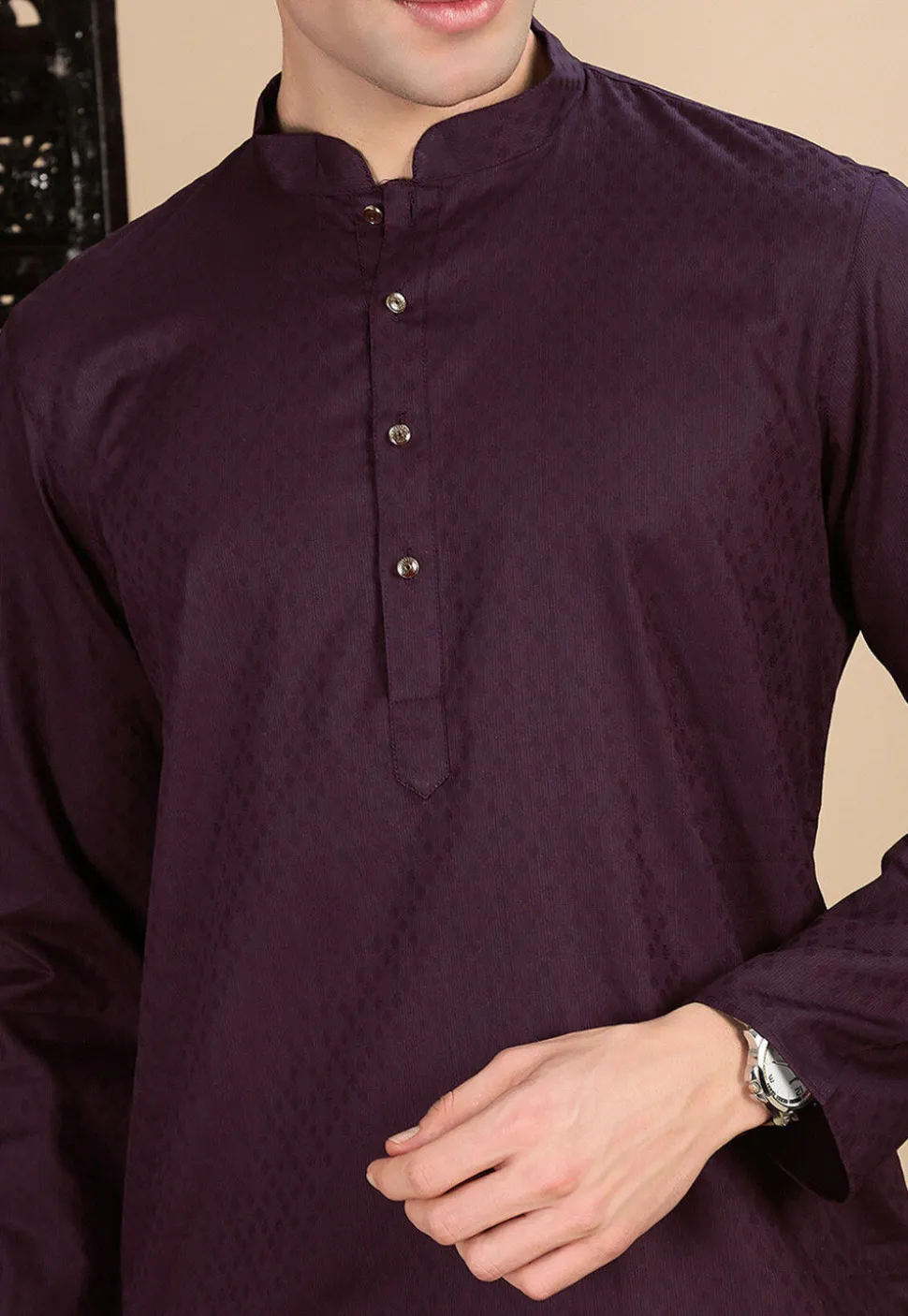 Woven Cotton Jacquard Kurta in Violet