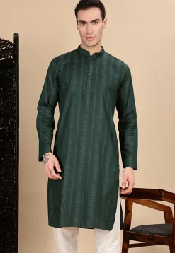 Woven Cotton Jacquard Kurta in Dark Green