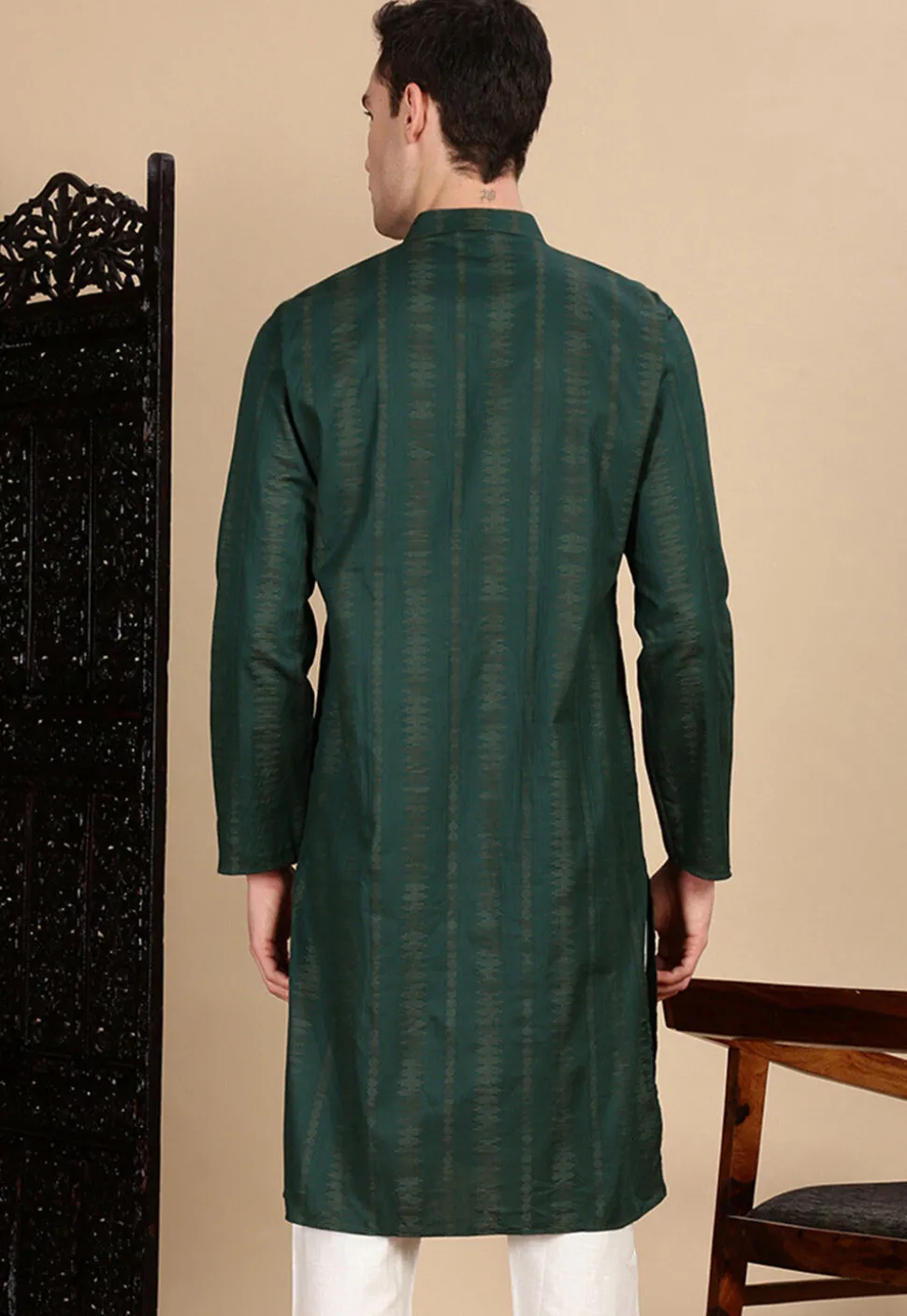 Woven Cotton Jacquard Kurta in Dark Green