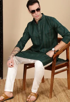 Woven Cotton Jacquard Kurta in Dark Green