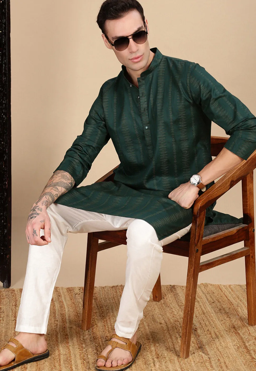 Woven Cotton Jacquard Kurta in Dark Green