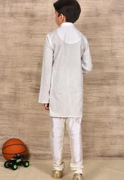 Woven Cotton Jacquard Kurta Set in White