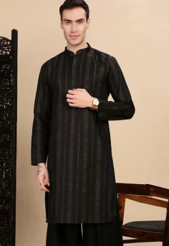 Woven Cotton Jacquard Kurta in Black