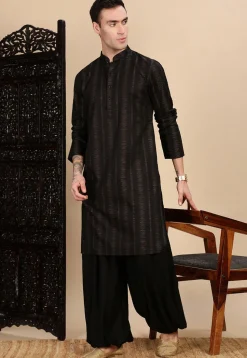 Woven Cotton Jacquard Kurta in Black