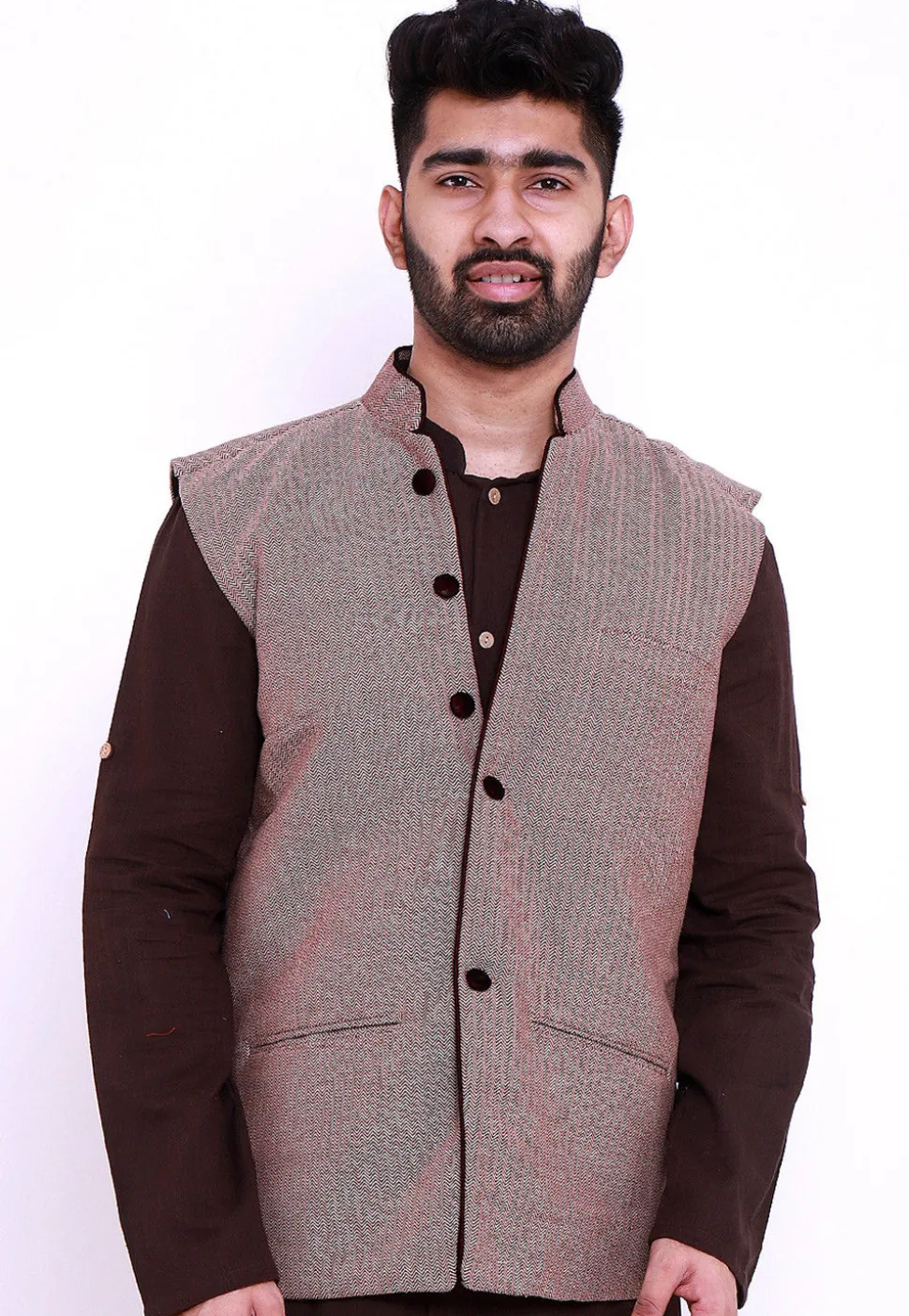 Woven Cotton Jacquard Nehru Jacket in Beige and Wine