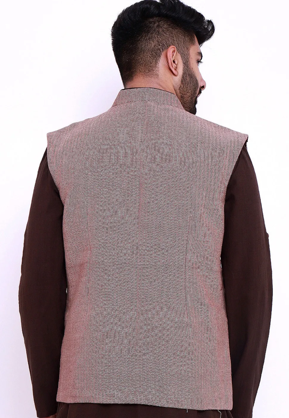 Woven Cotton Jacquard Nehru Jacket in Beige and Wine