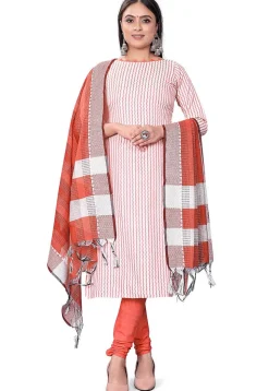 Woven Cotton Jacquard Straight Suit in Orange