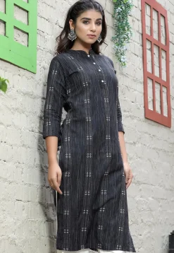 Woven Cotton Jacquard Straight Kurta in Charcoal Black