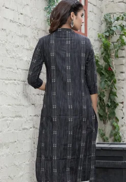 Woven Cotton Jacquard Straight Kurta in Charcoal Black