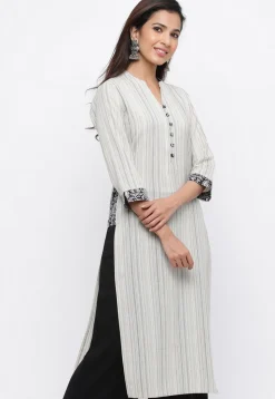 Woven Cotton Jacquard Straight Kurta in Off White