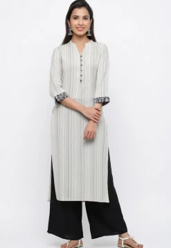 Woven Cotton Jacquard Straight Kurta in Off White